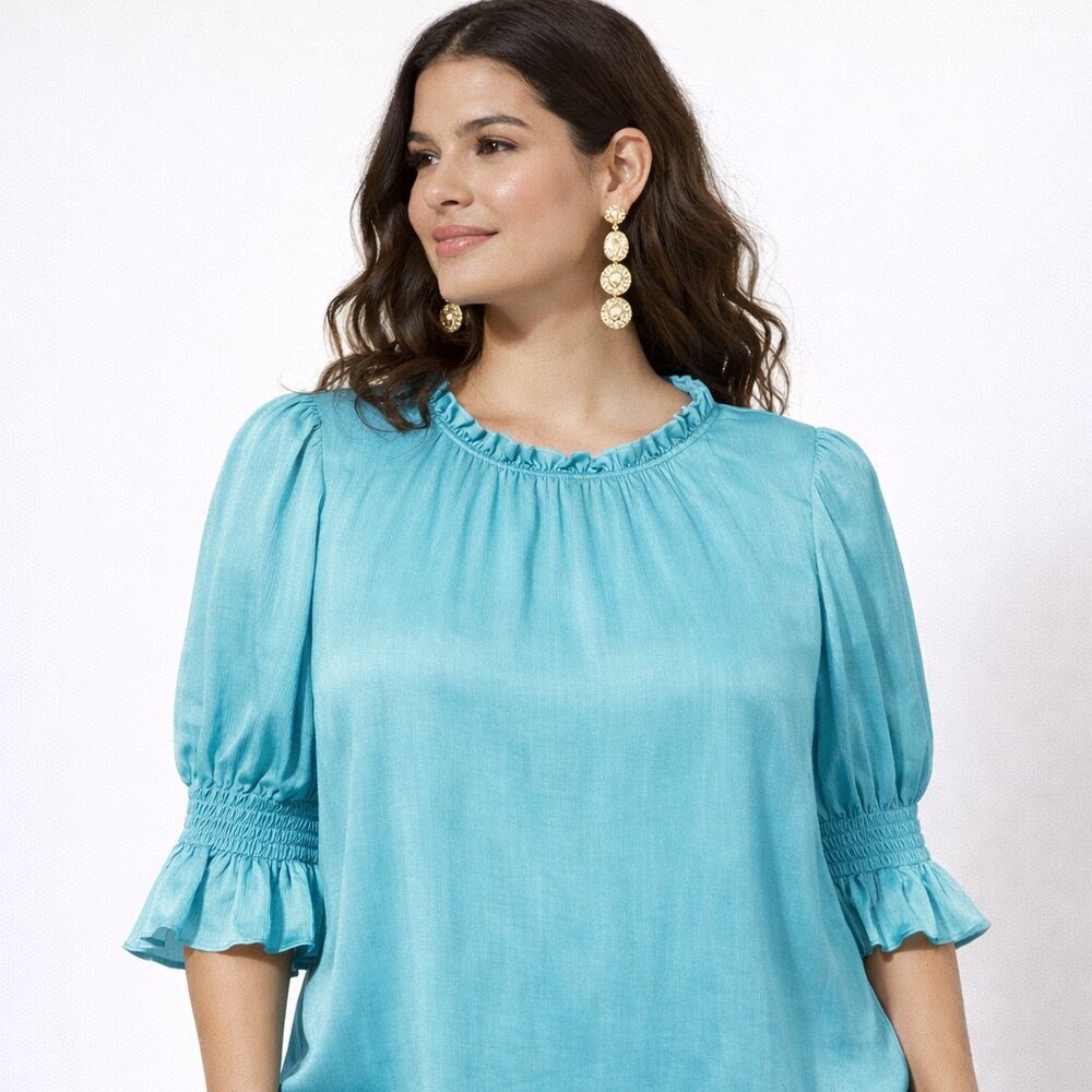 Trina Turk Aqua Blue Puff Sleeve Blouse